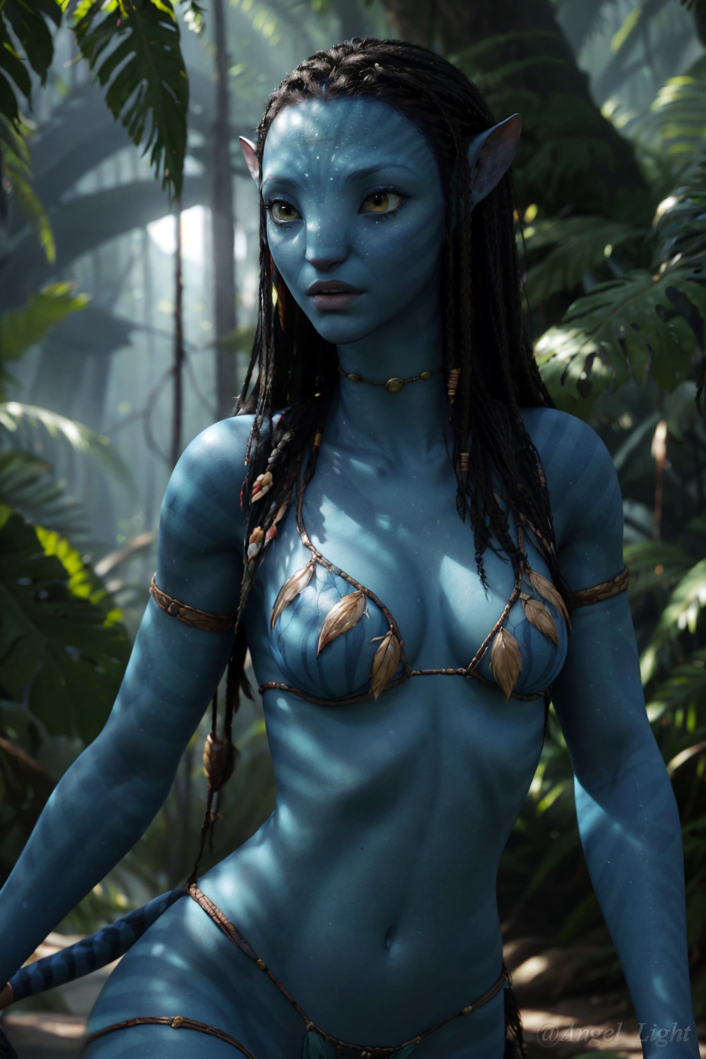 1girls, ai generated, alien, angel light, angel light (artist), avatar, avatar: the way of water, black hair, blue skin, disney, female, na'vi, neytiri