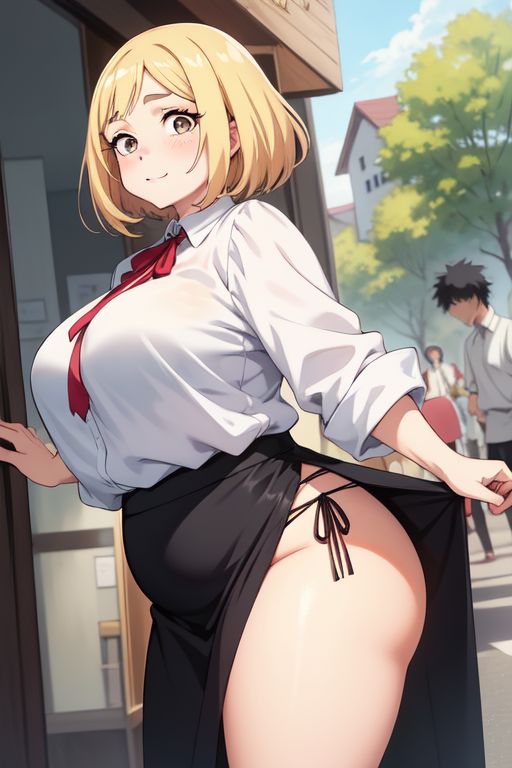 ai_generated big_ass big_breasts big_butt black_skirt black_thong blonde_hair chubby chubby_belly chubby_female heavy_breasts high_slit high_slit_dress hight_slit_skirt holding_skirt large_ass large_breasts large_butt long_skirt long_sleeves looking_at_viewer red_tie rimwalker short_blonde_hair short_hair solo_focus thick thick_thighs thighs white_shirt