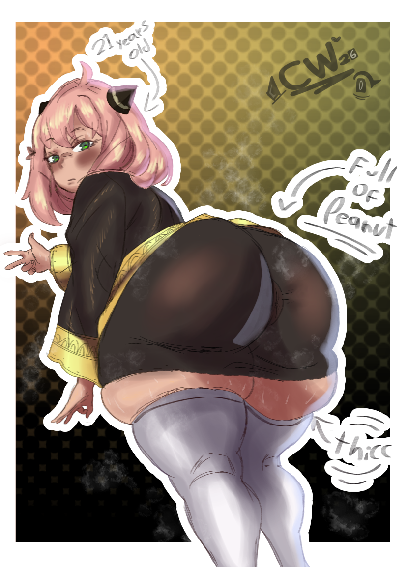 2026, aged up, anus, anus visible through clothes, anya forger, ass bigger than head, big ass, black uniform, blush, bubble ass, bubble butt, cartoonwizzard, digital drawing (artwork), digital media (artwork), donut anus, dumptruck ass, english, english text, female, female only, flat chest, green eyes, hair ornament, light-skinned female, looking at viewer, looking back, musk clouds, musky butt, no panties, pink hair, presenting hindquarters, puffy anus, school uniform, seductive look, showing butt, spy x family, sweat, sweating, teasing, text, thicc, thick thighs, thighhighs, thighs bigger than head, tight clothing, too small clothes, white thighhighs