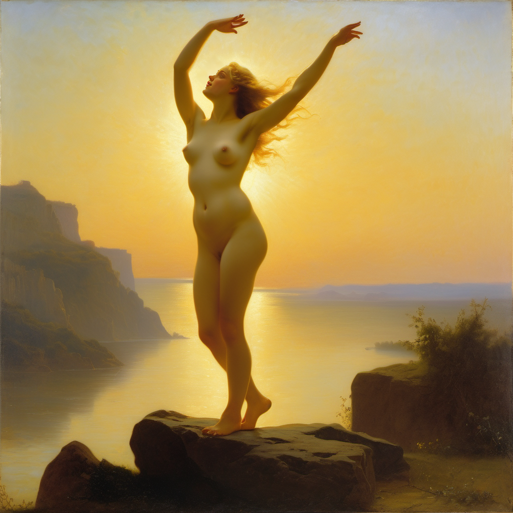 ai_generated belly blonde_hair blue_eyes breasts curly_hair curvy lips long_hair navel nipples nude nude_female presenting realistic small_breasts smile solo sun sunrise william_bouguereau