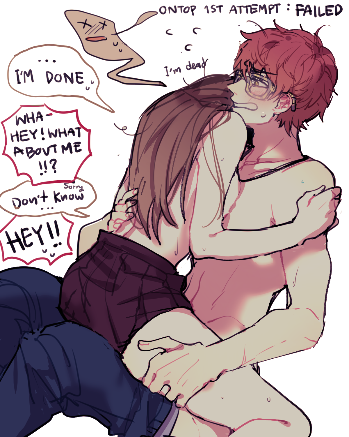 1boy, 1girls, 2d, 2d (artwork), 707 (mystic messenger), ambiguous penetration, artist request, brown hair, choi luciel, dialouge, english text, female, female on top, femdom, flustered, furrowed brow, glasses, hiding face, humor, light-skinned female, light-skinned male, long hair, looking at another, main character (mystic messenger), male, messy hair, muscular male, mystic messenger, partially clothed, red hair, saeyoung choi, skirt, skirt lift, source request, speech bubble, susanghan messenger, sweat, sweaty body, unseen female face, white background, yellow eyes