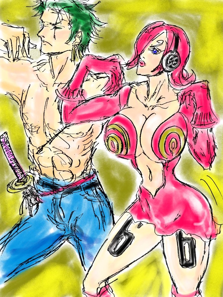 1boy 1girls breasts cleavage curly_eyebrows dancing denim dress earrings female female_focus gmotida green_hair jeans jewelry katana large_breasts male one_piece pants pink_dress pink_hair roronoa_zoro short_hair sword tattoo topless_male vinsmoke_reiju weapon