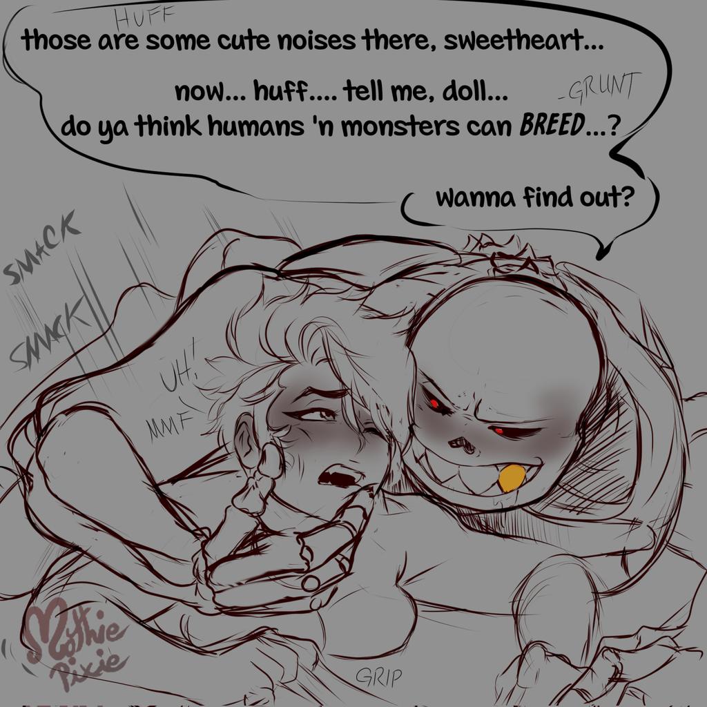 1boy 1girls 2d ambiguous_penetration blush dialogue english_text female gold_tooth human human_female humanoid imminent_sex male mothiepixie motti(mothiepixie) oc red_eyes sans sans_au size_difference skeleton talking text underfell underfell_sans undertale_(series) undertale_au