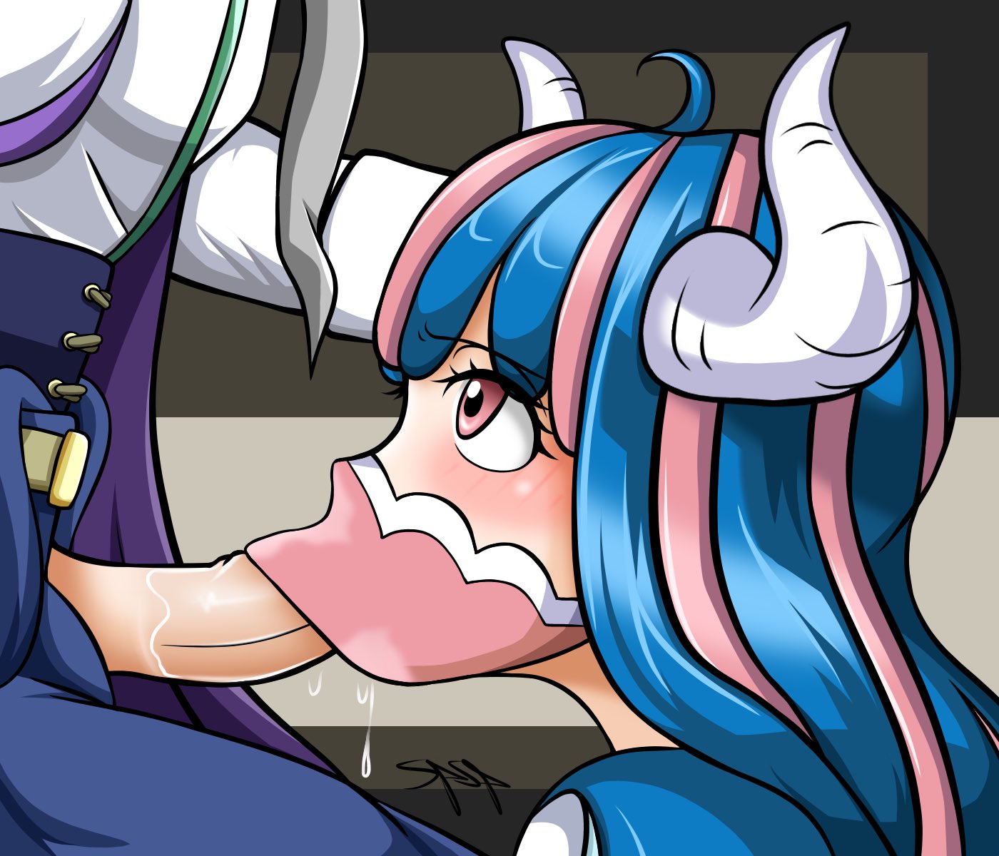 1boy, 1girls, blowjob, blue hair, blue-haired female, brother and sister, fellatio under mask, female, female focus, horns, incest, male, mouth mask, one piece, page one, partial male, pink eyes, saliva, spanspec, two-tone hair, ulti (one piece)