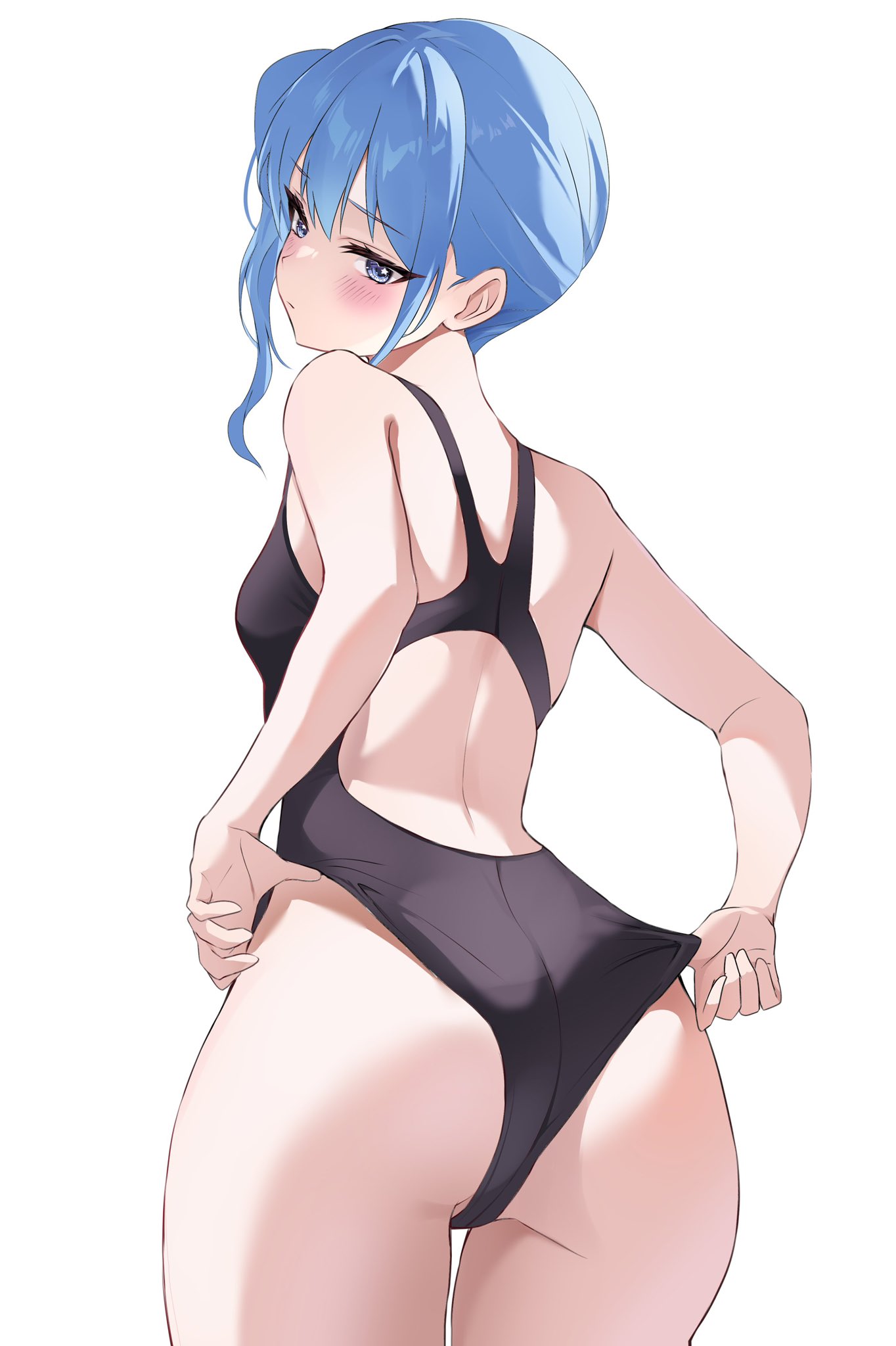 1girls absurd_res absurdres ass bare_arms bare_ass bare_back bare_legs bare_shoulders bare_skin bare_thighs black_swimsuit black_swimwear blue_eyes blue_eyes_female blue_hair blue_hair_female blush blush_lines breasts collarbone dot_nose elbows embarrassed embarrassed_female eyebrows_visible_through_hair fawny female female_focus female_only fingers hair_between_eyes high_resolution highres hololive hololive_gen_0 hololive_japan hoshimachi_suisei hourglass_figure legs light-skinned_female light_skin looking_at_viewer petite petite_body petite_breasts petite_female petite_girl short_hair shoulders side_ponytail sideboob sidelocks simple_background slender_body slender_waist slim_girl slim_waist small_breasts soles solo standing swimsuit swimwear thick_ass thick_thighs thighs thin_waist upper_body virtual_youtuber white_background wide_hips