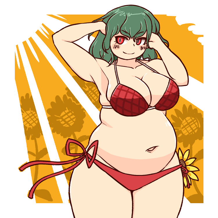 bbw belly_overhang big_belly big_female chubby chubby_female fat fat_female fat_fetish fat_girl fat_woman fatty green_hair large_female overweight overweight_female plump swimsuit thick_thighs touhou weight_gain yuka_kazami yuuka_kazami