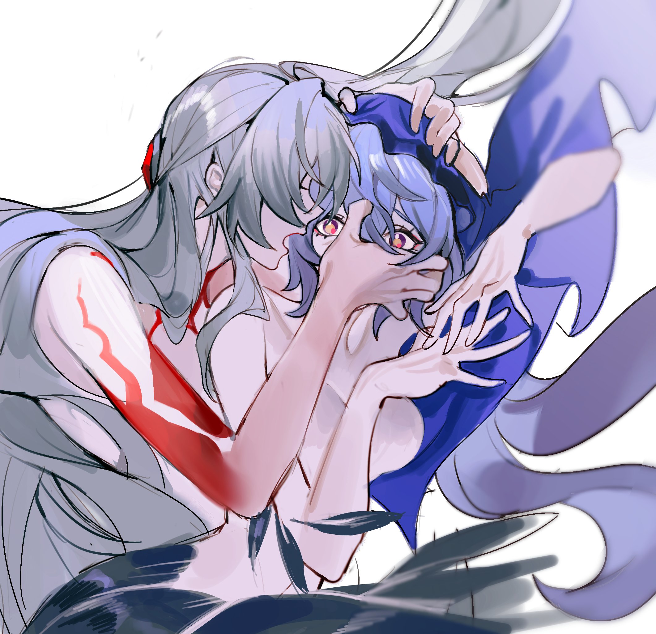 2024, 2girls, acheron (honkai: star rail), black swan (honkai: star rail), fear, feathers, female, female/female, hand on face, hand on head, honkai (series), honkai: star rail, hoyoverse, lesbian, light skin, marks, multiple females, multiple girls, naked, no nipples, purple hair, red markings, scared, veil, white background, white hair, yuri