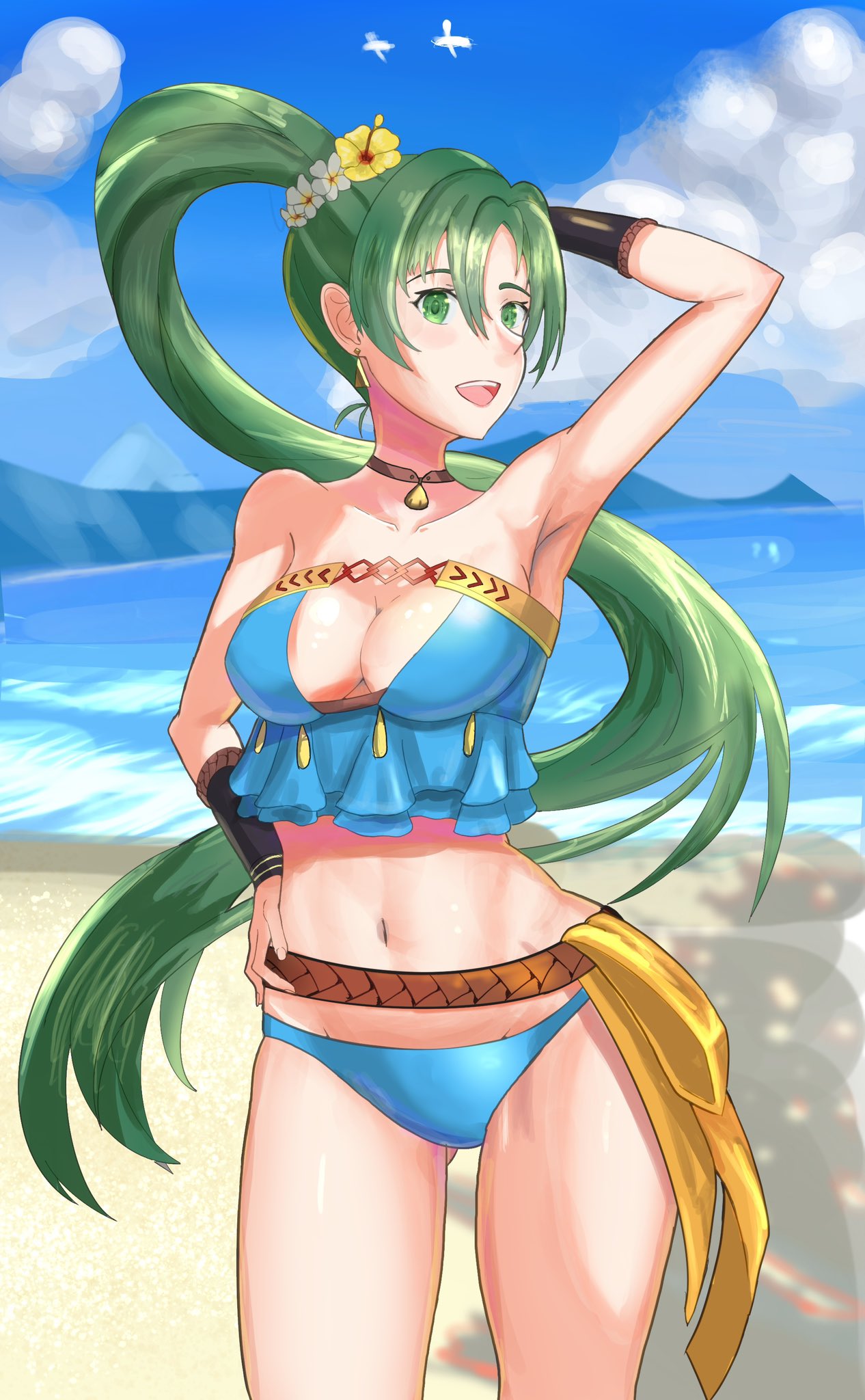 alternate_costume bikini blue_bikini blue_swimsuit breasts female female_only fire_emblem fire_emblem:_the_blazing_blade fire_emblem_heroes green_eyes green_hair lyn_(fire_emblem) lyn_(summer)_(fire_emblem) nintendo official_alternate_costume solo standing swimsuit tarutaru193