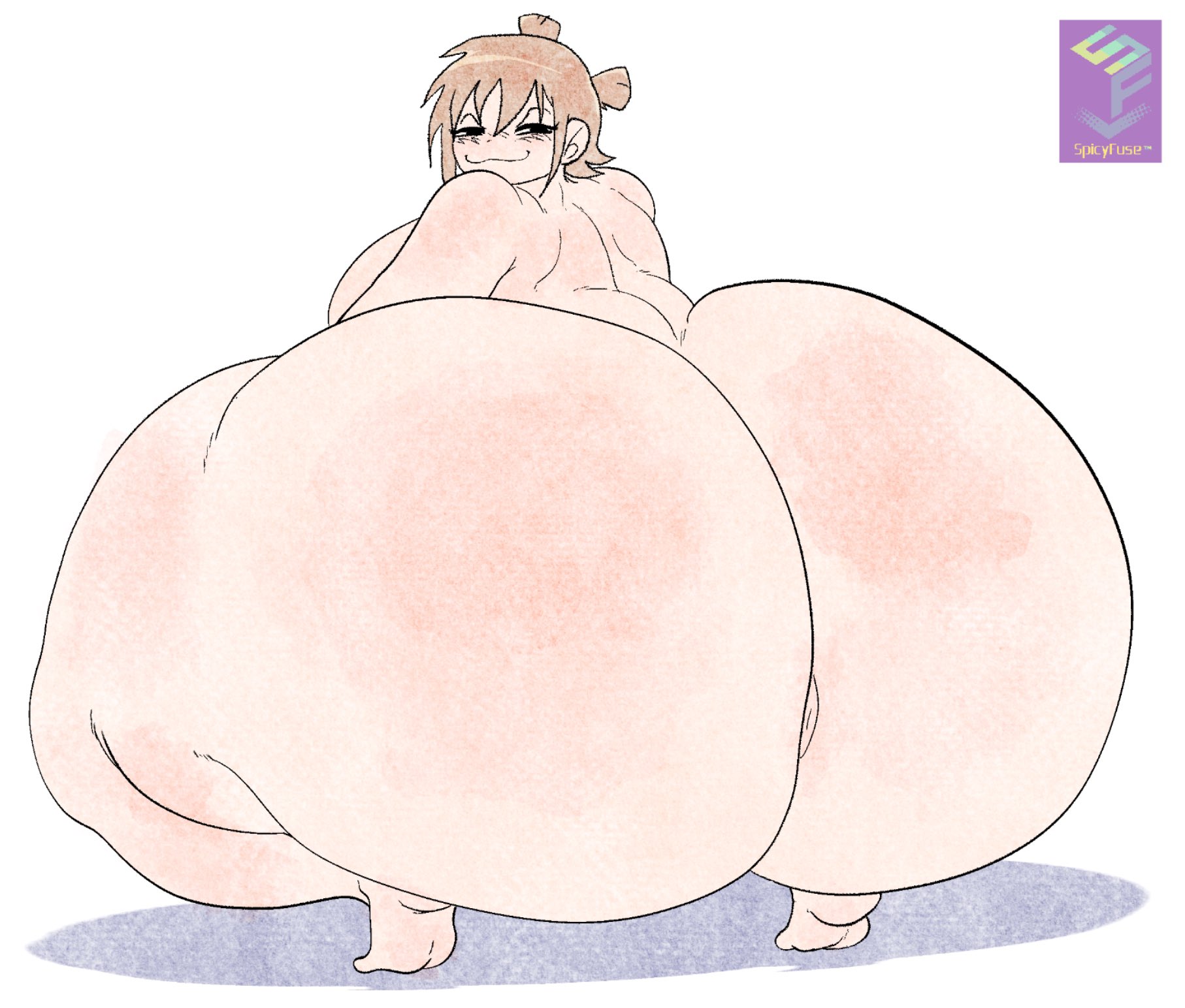 :3, 1girls, anus, ass, ass focus, black eyes, blonde hair, completely nude, female, full body, gigantic ass, hair bun, looking back, nude, nude female, rear view, roxanne richter, scott pilgrim, short hair, solo, solo female, spicyfuse, squatting