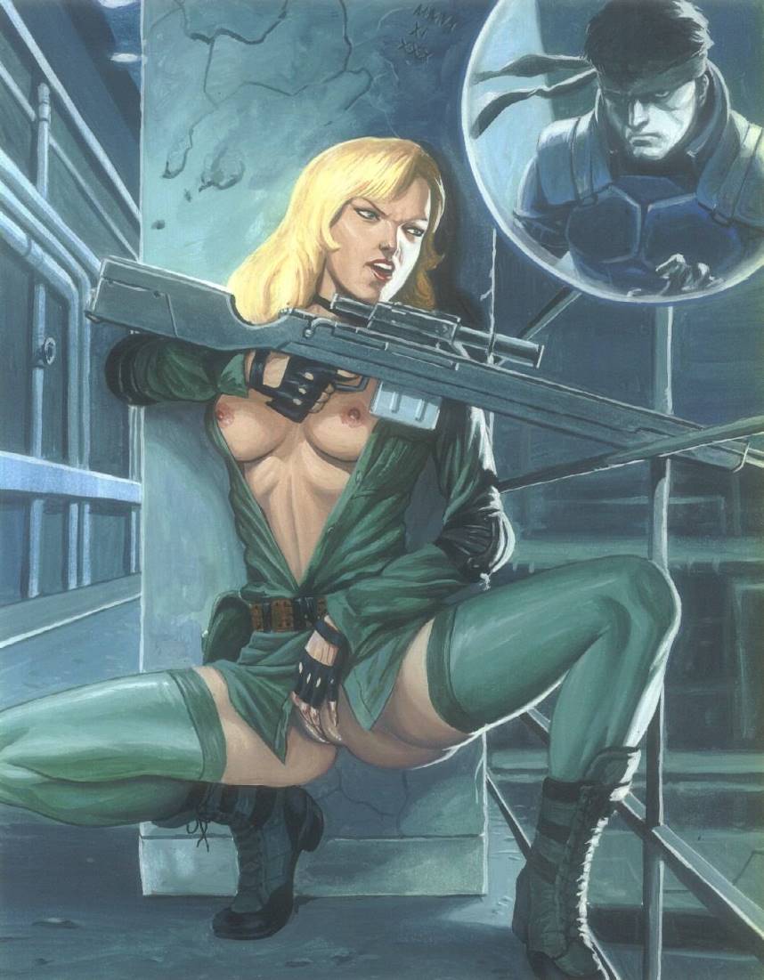 1boy, 1girls, black gloves, blonde hair, boots, breasts, female, fingering, fingerless gloves, footwear, gloves, gun, headband, human, male, masturbation, metal gear, metal gear solid, no panties, pandoras box, pussy, sniper, sniper wolf, solid snake, solo focus, stockings, thighhighs, uncensored, weapon