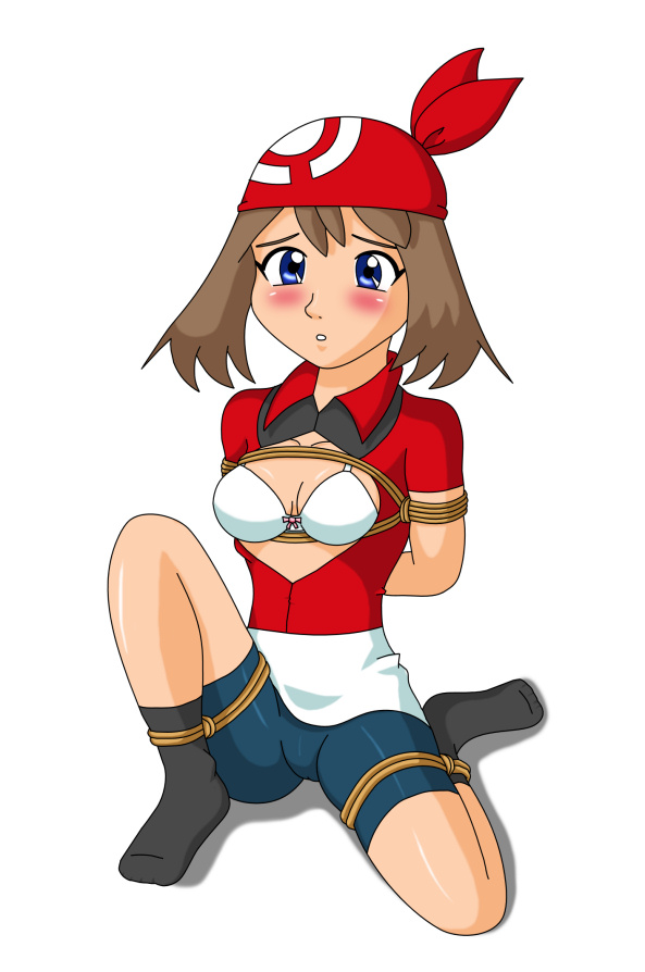 arms_behind_back arms_tied bike_shorts blush bondage bra female female_only frogtie human human_only latex may_(pokemon) may_(pokemon_rs) open_clothes pokemon pokemon_rse red_bandana solo sonic18 spats spread_legs straight_hair tied