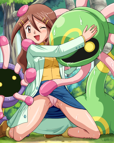 annie_proctor brown_eyes brown_hair brush cameltoe cradily female forest happy human interspecies lileep long_hair lowres nature nintendo panties pokemoa pokemon pokemon_rse pussy smile straight_hair tentacle underwear wink