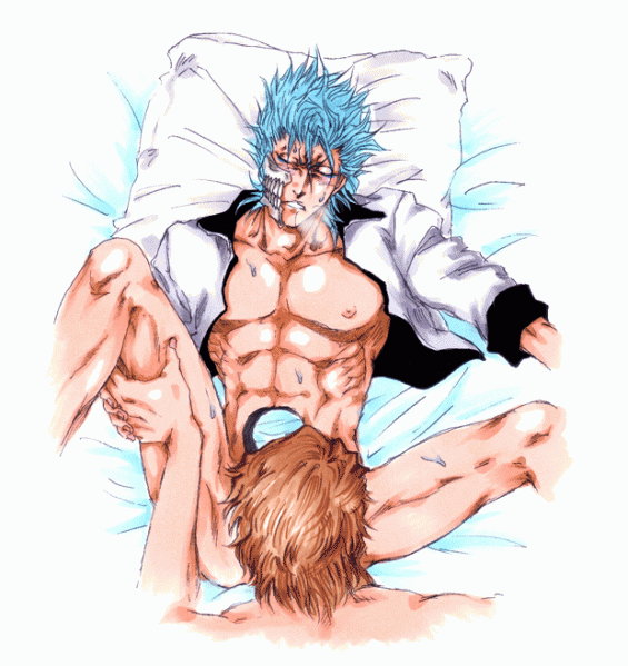 2boys abs aizen_sousuke arrancar artist_request bed_sheet bleach blue_hair bottomless breath brown_hair closed_eyes espada fellatio grimmjow_jaegerjaquez legs_held_open male multiple_boys oral pillow sheets skull sosuke_aizen yaoi