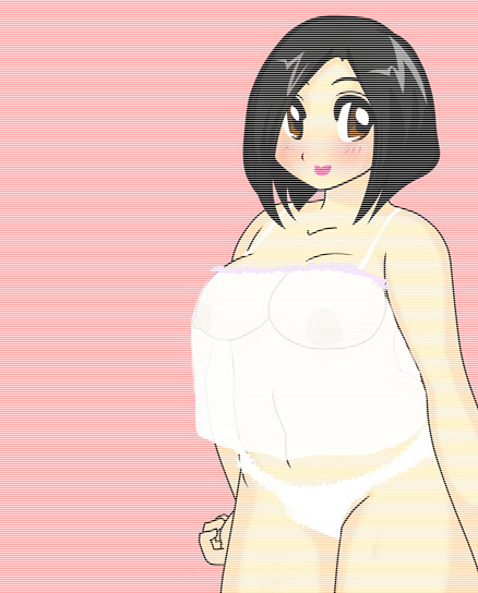 bb black_hair breasts brown_eyes camisole curvy female large_breasts no_bra original rockmace see-through short_hair simple_background