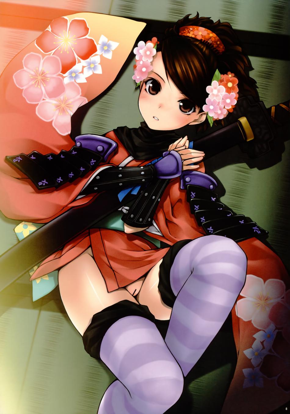 brown_eyes brown_hair censored floor highres lying momohime muramasa_the_demon_blade pointless_censoring pussy striped striped_legwear striped_thighhighs thighhighs