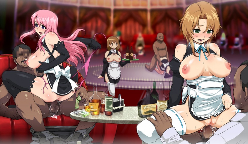 alcohol ass bare_shoulders bb bent_over black_legwear blurry blush bottomless breast_sucking breastless_clothes breasts breasts_out brown_hair censored condom cowgirl_position cum cum_inside dark-skinned_male dark_skin depth_of_field doggy_style dream_c_club fat_man femsub from_behind futaba_riho green_eyes group_sex identity_censor interracial isako_rokurou large_breasts long_hair maid male mio_(dream_c_club) multiple_boys multiple_girls multiple_subs nao_(dream_c_club) nipples orgy penis pink_hair prostitution purple_eyes pussy rui_(dream_c_club) sex short_hair smile spread_legs straddle sweat testicles thighhighs tiger_woods torso_grab upright_straddle vaginal_penetration waitress white_legwear