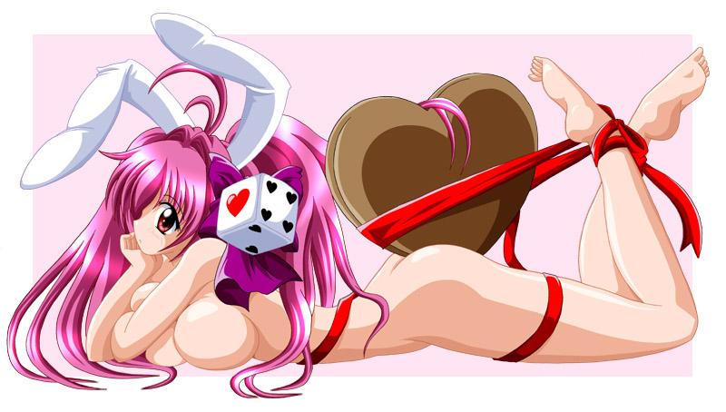 1girls animal_ear animal_ears barefoot breasts bunny_ear bunny_ears cute di_gi_charat dice female heart human imai_kazunari large_breasts light-skinned_female light_skin long_hair lying_down nude pink_eyes pink_hair ribbon ribbons twintails usada_hikaru