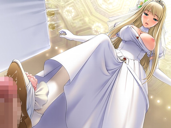 areolae big_breasts blonde_hair blue_eyes blush breasts breasts_out bride censored champagne dress_pull elbow_gloves feet female femdom footjob from_below game_cg glass hime_to_boin large_breasts looking_down male mosaic_censoring nipples one_breast_out open_mouth penis pink_nipples princess_juliette sano_toshihide shoejob standing standing_footjob tiara wedding_dress