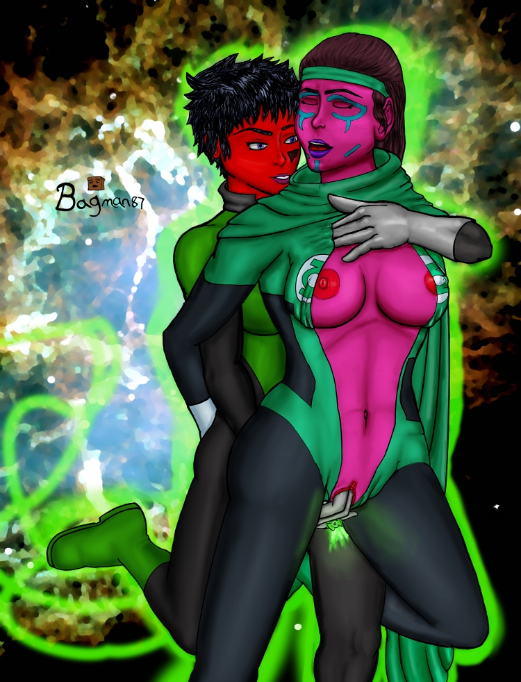 2girls bagman87 breasts closed_eyes dc female fingering green_lantern green_lantern_corps long_hair multiple_girls navel nipples open_mouth princess_iolande purple_eyes pussy red_skin sex short_hair smile soranik_natu tattoo vagina yuri