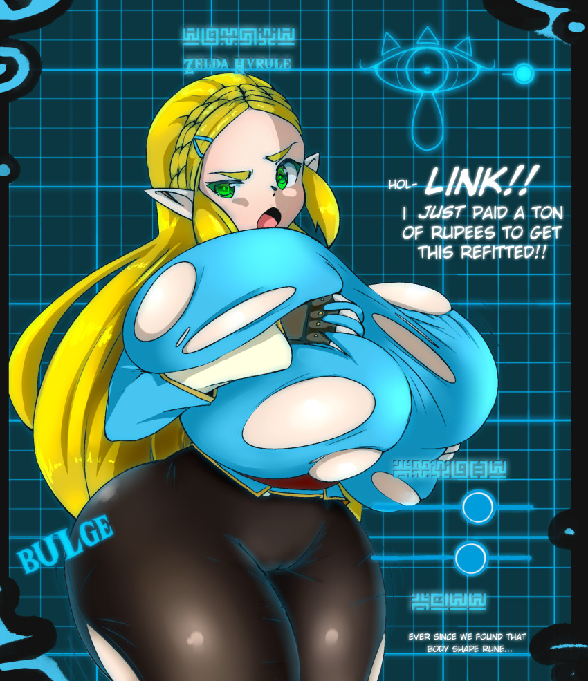 1girls attribute_slider breast_expansion breasts breath_of_the_wild demigoddess female gigantic_breasts huge_breasts kazuya_zoey nintendo princess_zelda sheikah_slate slider the_legend_of_zelda torn_clothes wardrobe_malfunction zelda_(breath_of_the_wild)