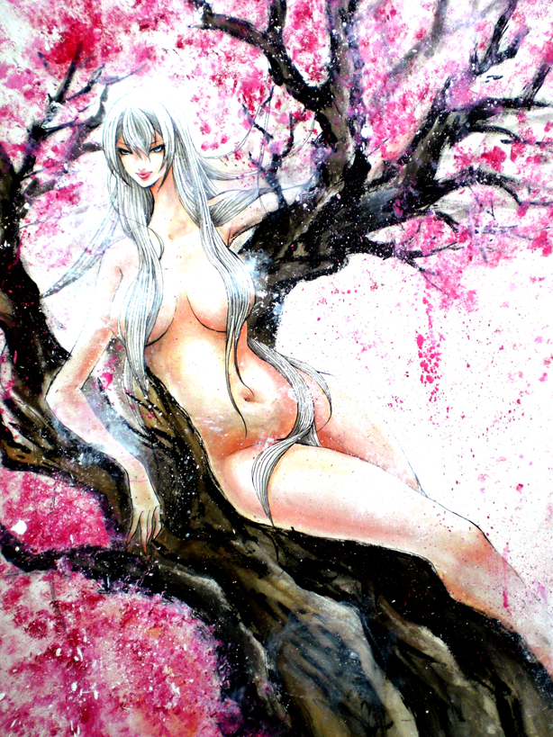 hair_over_breasts kurohime kurohime_(character) long_hair mahou_tsukai_kurohime nude solo tagme tree white_hair