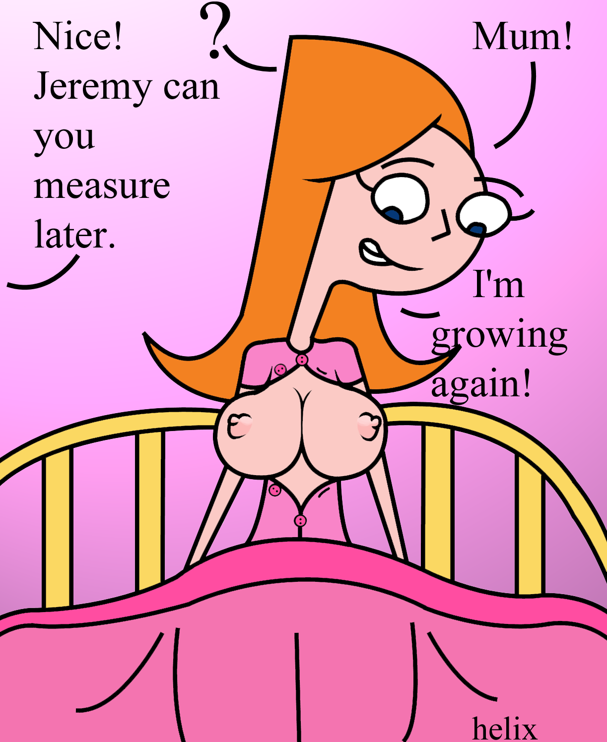 bed blue_eyes breast_expansion breasts breasts_out candace_flynn female female_only helix human large_breasts long_hair nipples orange_hair phineas_and_ferb solo