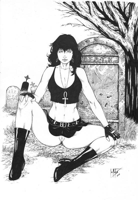 2012 ankh boots clothing dc dc_comics death_of_the_endless female female_only fingerless_gloves front_view goth goth_girl gothic human leo_matos light-skinned_female monochrome outdoors pale pale-skinned_female pale_skin pussy sitting solo tagme the_sandman tombstone vertigo_comics