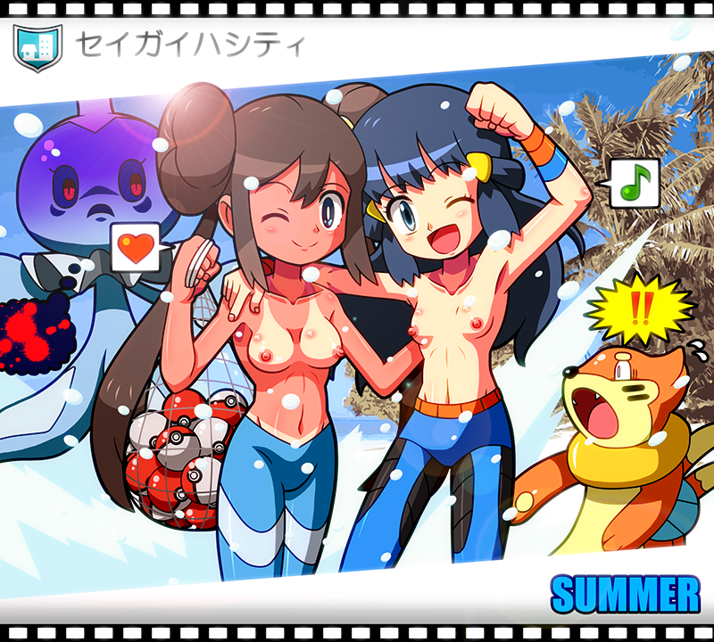 2girls breasts collarbone dawn_(pokemon) female female_focus gym_leader_(cosplay) multiple_girls nipples pokemon pokemon_bw2 pokemon_dppt rorretsim rosa_(pokemon) small_breasts tanline topless topless_female wink winking winking_at_viewer yuri