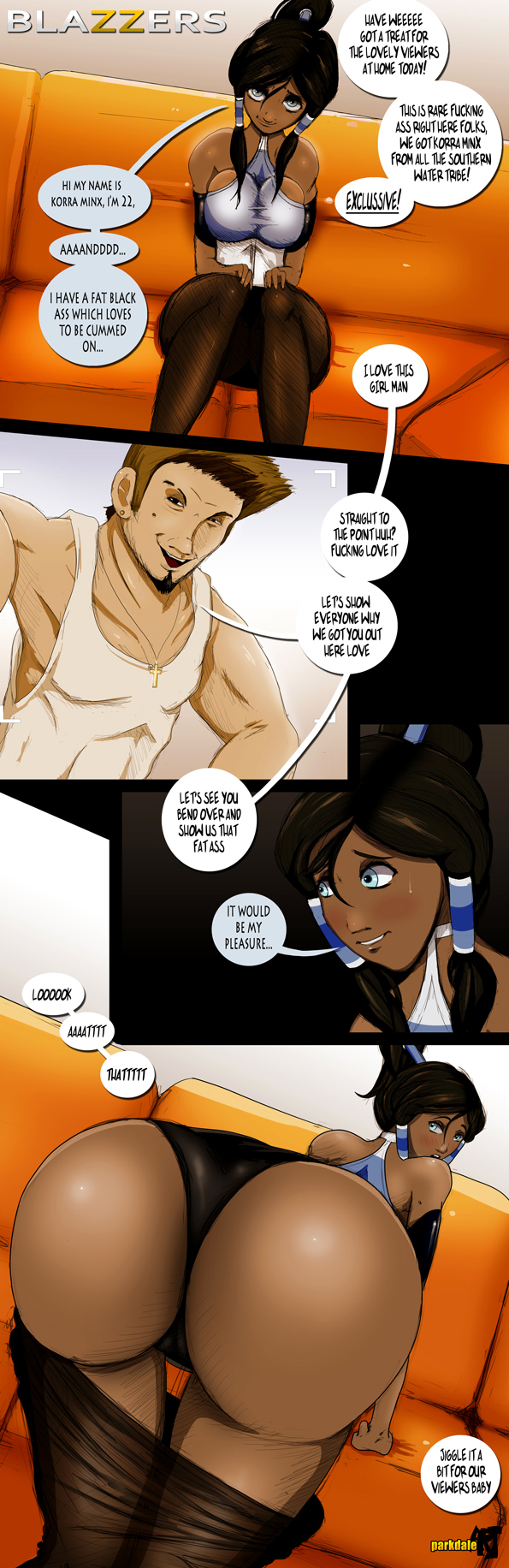 1boy 1girls ass avatar_legends brazzers clothing comic dark-skinned_female dark_skin dat_ass english_text female korra large_breasts male panties parkdale speech_bubble straight_hair text the_avatar the_legend_of_korra thong water_tribe