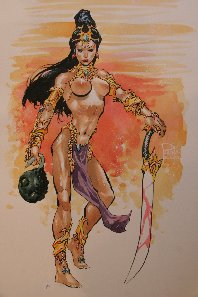 1girls 2012 a_princess_of_mars areolae barsoom black_hair blood breasts dejah_thoris female female_only filip_tan holding_sword holding_weapon loincloth looking_at_viewer nipples pelvic_curtain philip_tan solo solo_female sword tagme topless