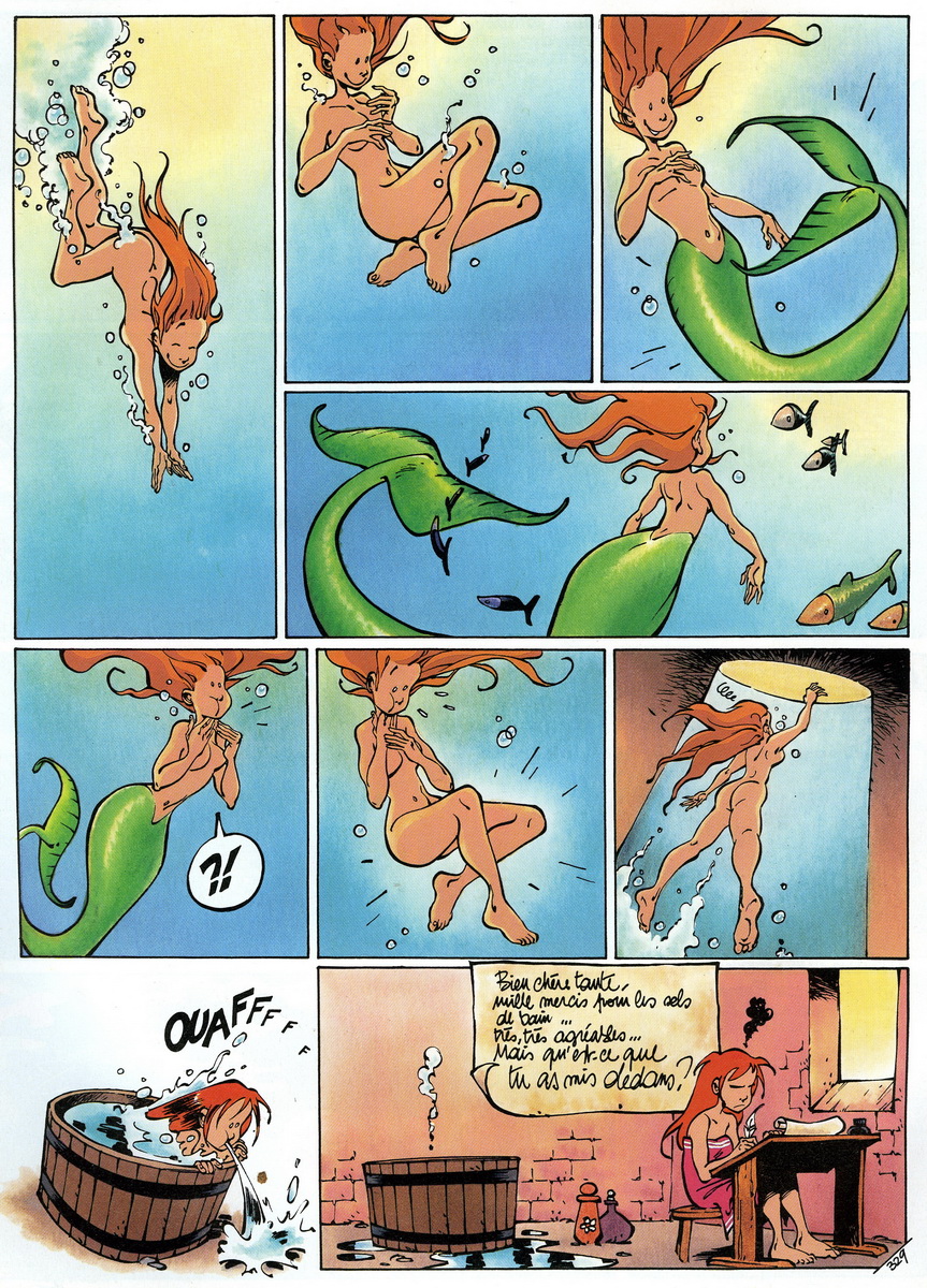 1girls ass barefoot bathing casual clarke comic comic_page feet female female_only fish french_text green_tail human melusine_(spirou_magazine) melusine_anoukian mermaid mermaid_transformation naked nude pale_skin red_hair solo spirou_magazine towel translated underwater water witch