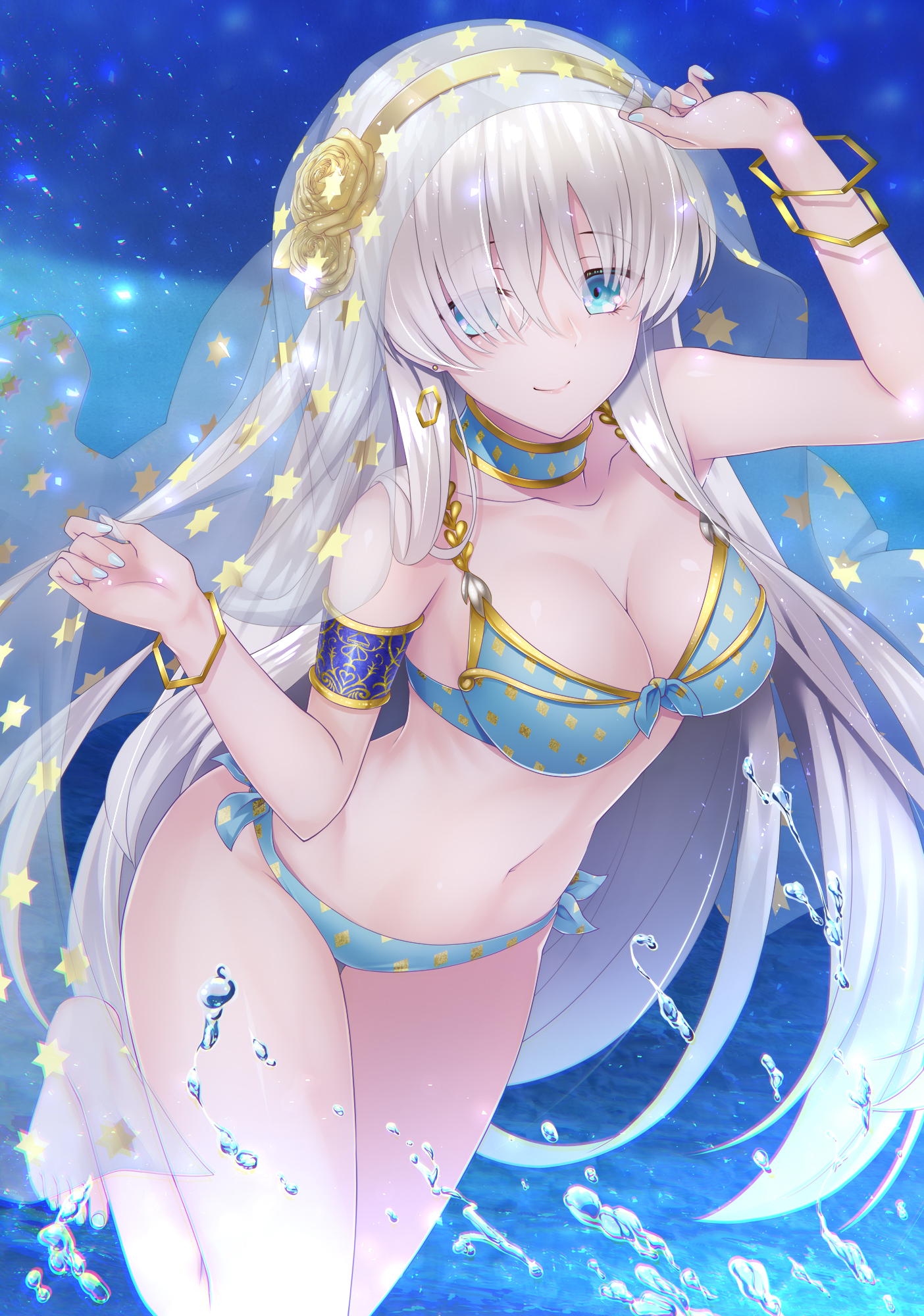1girls, anastasia (fate), bangs, bangs over eyes, bikini, blue eyes, bracelet, breasts, emanon123 (artist), fate (series), fate/grand order, female, female only, hair, hair over eyes, legs, legs together, long hair, platinum blonde, solo, swimsuit, tagme, two-piece swimsuit, veil, water, white hair