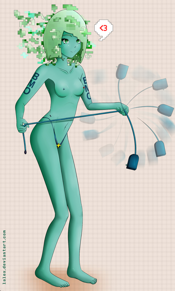 adventure_time bmo cartoon_network female green_eyes green_hair green_skin heart lalox motion_blur personification simple_background smile solo topless