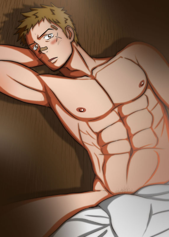 1boy abs arm_up bandaid bandaid_on_face bandaid_on_nose blush brown_hair erect_nipples male male_focus male_only muscular muscular_male on_back on_bed pubic_hair sakamichi_no_apollon sentaro_kawabuchi short_hair solo solo_focus