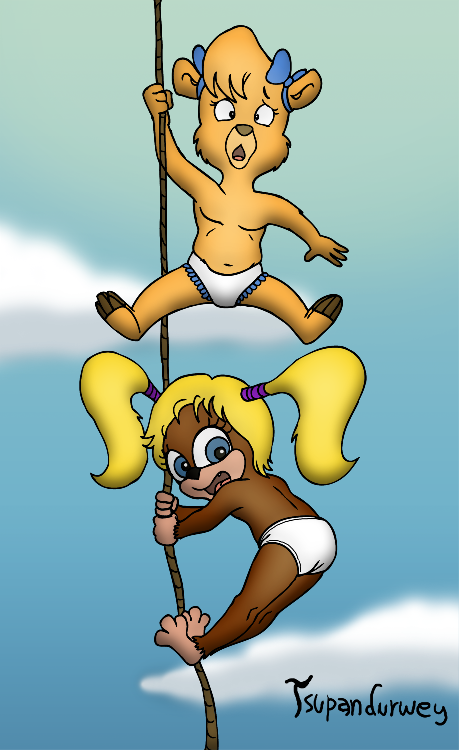 banjo-kazooie bear bow brown_fur climbing color crossover cub disney extremely_young female female_only fur furry molly_cunningham multiple_females panties rareware rope talespin tooty topless young