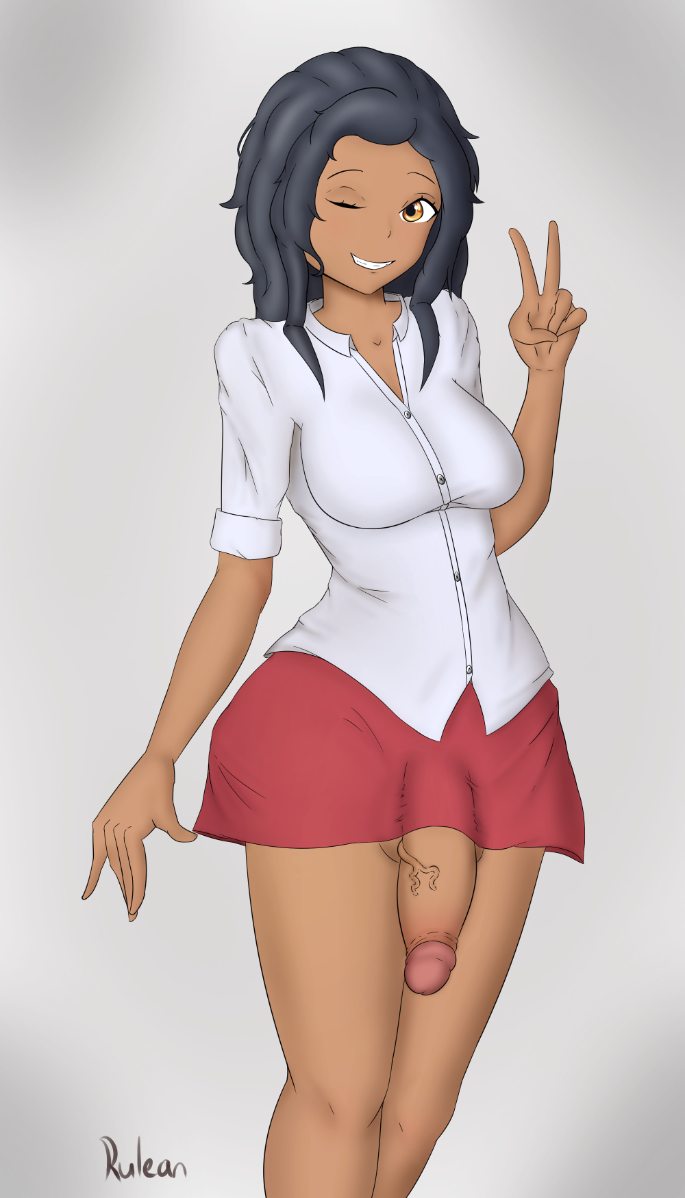 1futa, big penis, breasts, cleavage, dickgirl, erection, futa only, futanari, intersex, looking at viewer, penis, rulean, solo, solo futa, v