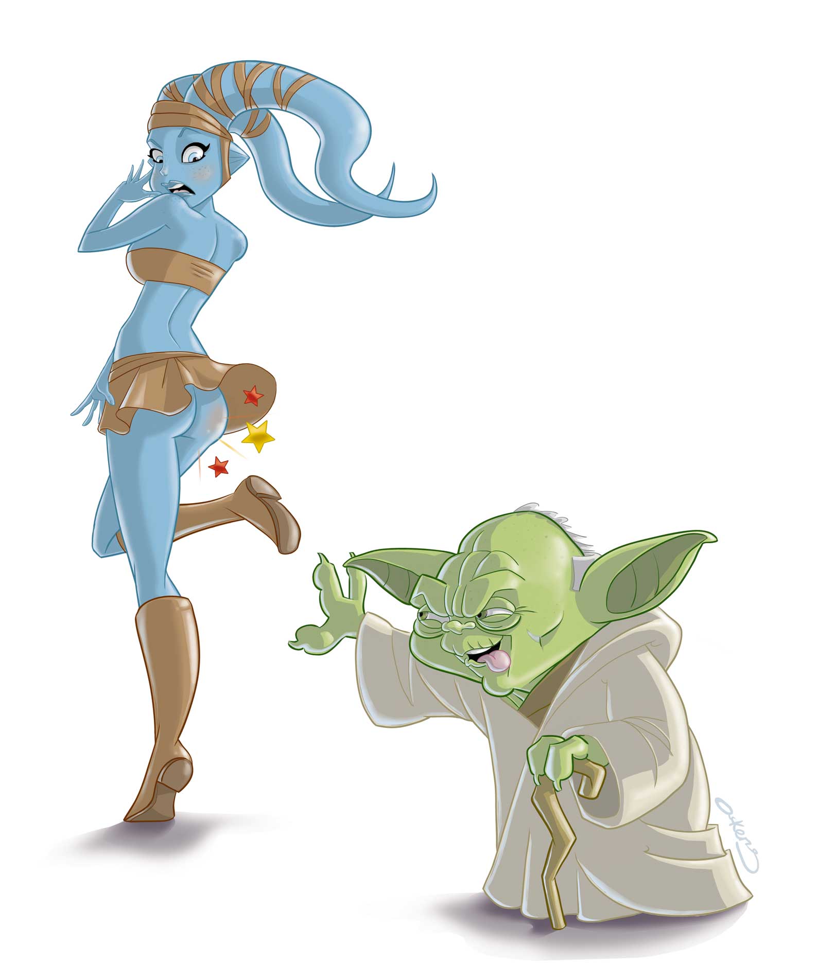 1boy 1girls aayla_secura ackers23 ass blue_skin clone_wars female green_skin jedi jedi_master male spanking star_wars twi'lek yoda yoda's_species