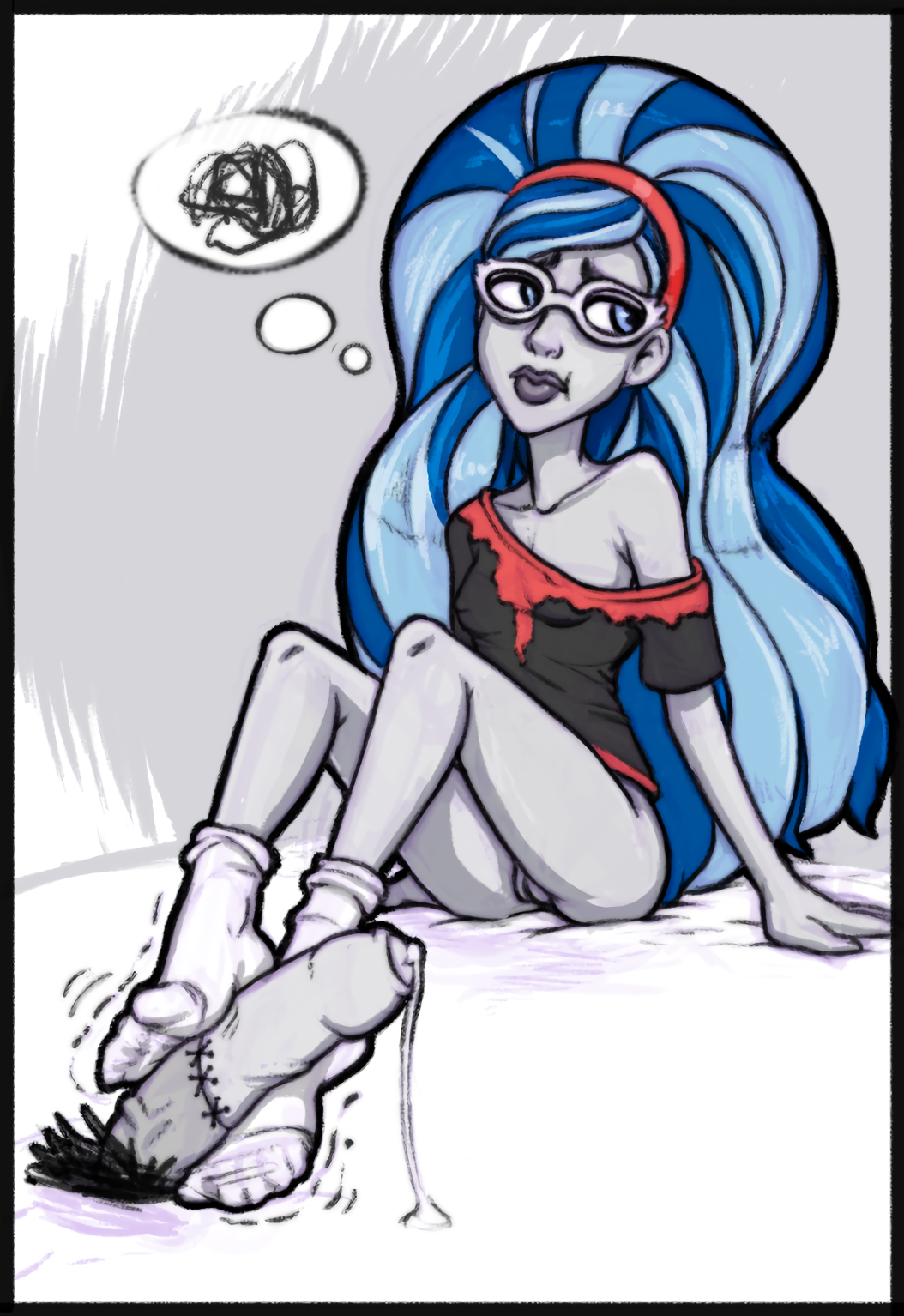 bare_shoulder blue_eyes blue_hair bottomless cum cum_string disembodied_penis ejaculation faceless_male feet foot_fetish footjob footjob_with_legwear foreskin ghoulia_yelps glasses light_skin misplacedlines monster_girl monster_high penis sockjob socks undead zombie