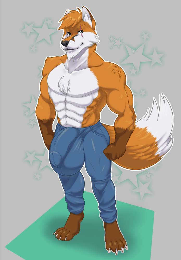 anthro bulge canine clothed clothing comfycushion fox hyper hyper_bulge looking_at_viewer male male_only mammal muscular muscular_male scar smile solo standing topless