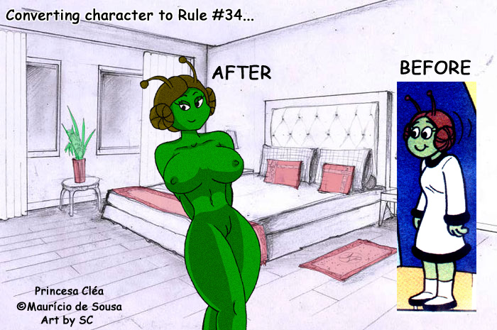 alien antennae antennae_(anatomy) arms_behind_back bedroom breasts comic_sans english_text female female_only green_skin hair_buns hands_behind_back hourglass_figure monica's_gang nude princesa_clea pussy sinochobotnice solo standing turma_da_monica