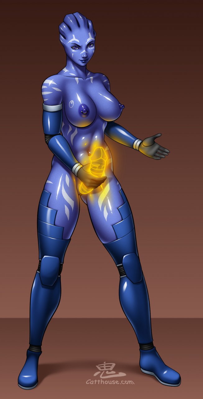 1girls alien alien_girl armor armwear asari blue_skin bottomless catthouse_studios female female_only functionally_nude legwear mass_effect no_humans omni-tool oni_(artist) solo tagme topless