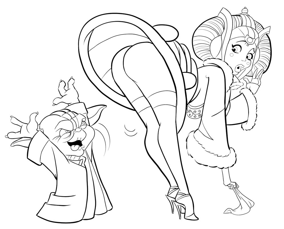 1girls ackers23 ass embarrassed female headdress high_heels humor male milf monochrome mother padme_amidala skirt_flip star_wars stockings the_phantom_menace yoda yoda's_species