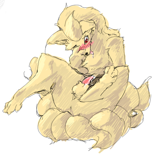 anus blush covering_face cum embarrassed fen fox furry ninetales no_humans pokemon pokemon_rgby red_eyes solo tail tan_fur tongue_out white_background