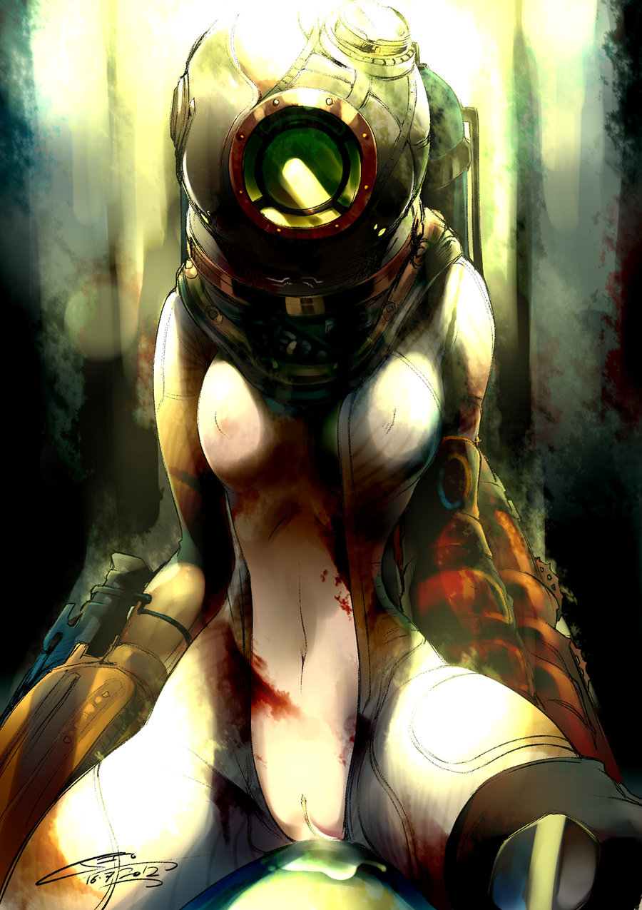 1girls big_sister_(bioshock) bioshock bioshock_2 blood female female_only iopichio navel pussy signature solo vagina