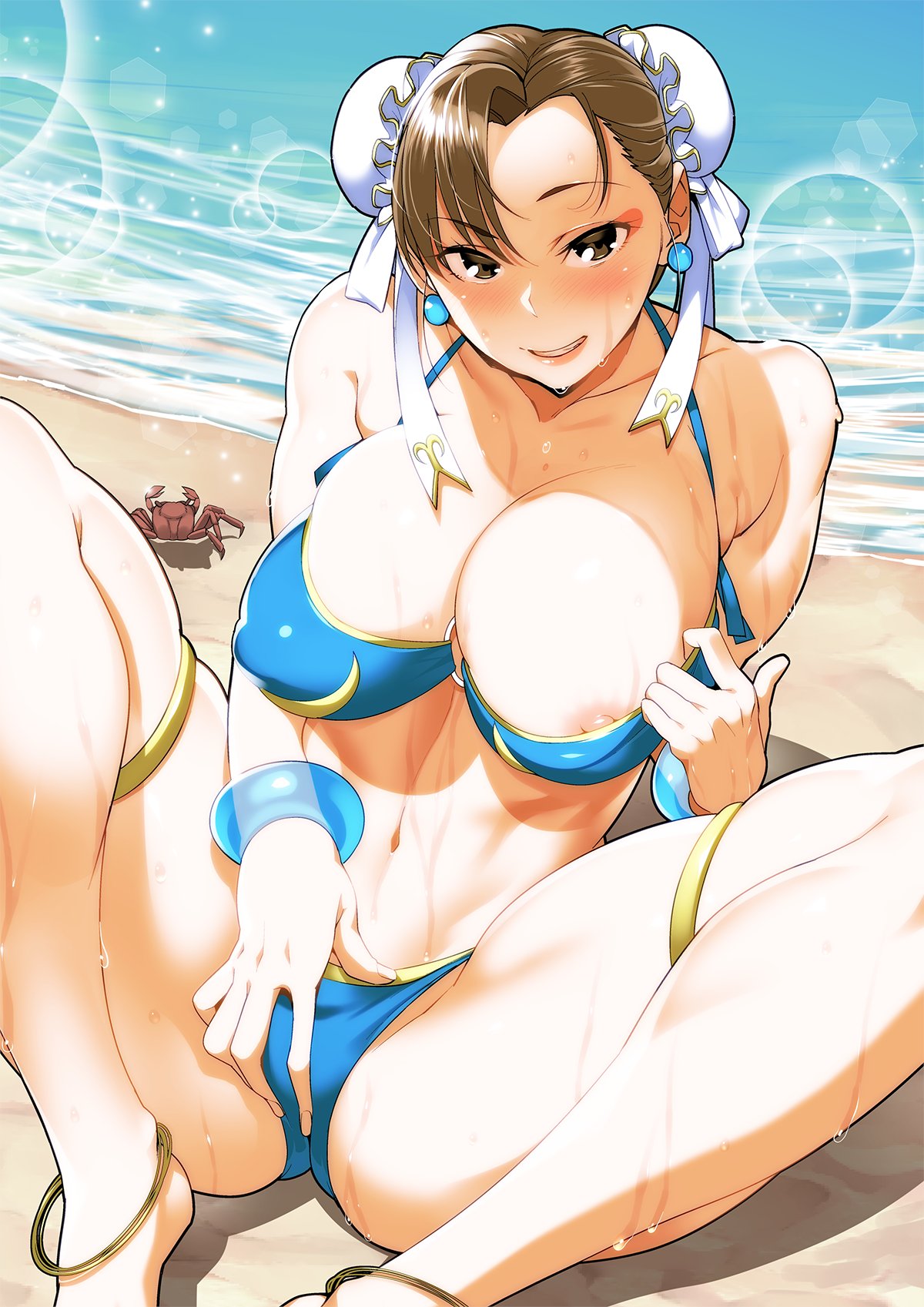 anklet areolae beach big_breasts bikini bracelet breasts brown_eyes brown_hair busty capcom chun-li cleavage erect_nipples female female_focus female_only hourglass_figure nipples ojo_(dfreak) outdoors outside pose posing sitting street_fighter sweat tagme wide_hips