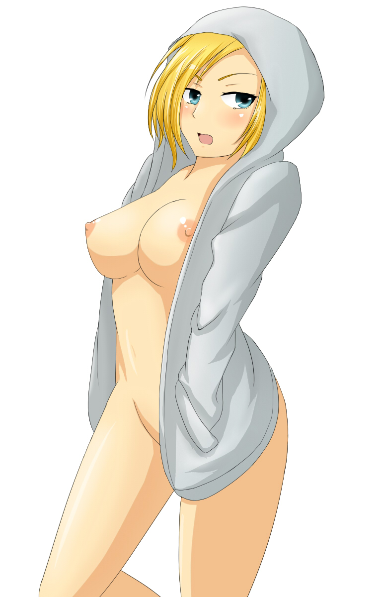 annie leonhardt, attack on titan, blonde hair, blue eyes, blush, breasts, convenient censoring, female, hood, hood up, hoodie, mogura, naked hoodie, navel, nipples, open hoodie, open jacket, open mouth, shingeki no kyojin, simple background, solo, standing, white background