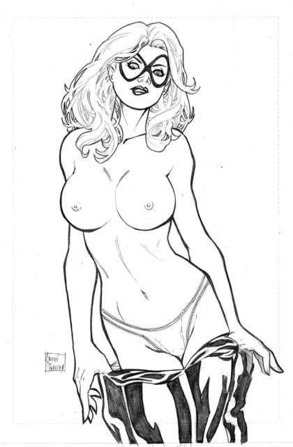 1girls andre_pinheiro black_and_white black_cat_(marvel) breasts felicia_hardy female female_only human marvel mask monochrome nipples panties solo spider-man_(series) standing tagme undressing white_background