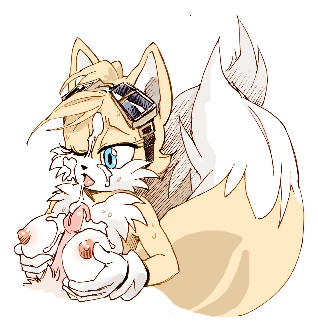 anthro, breasts, canine, cum, exposed torso, eyewear, fellatio, female, footwear, fox, fur, furry, furry tail, handwear, male, mammal, mostly nude, multi tail, oral, paizuri, penis, rule 63, sega, sex, sonic (series), sonic the hedgehog (series), straight, tail, tails, tails the fox, tailsko, twistedterra, white fur, yellow fur