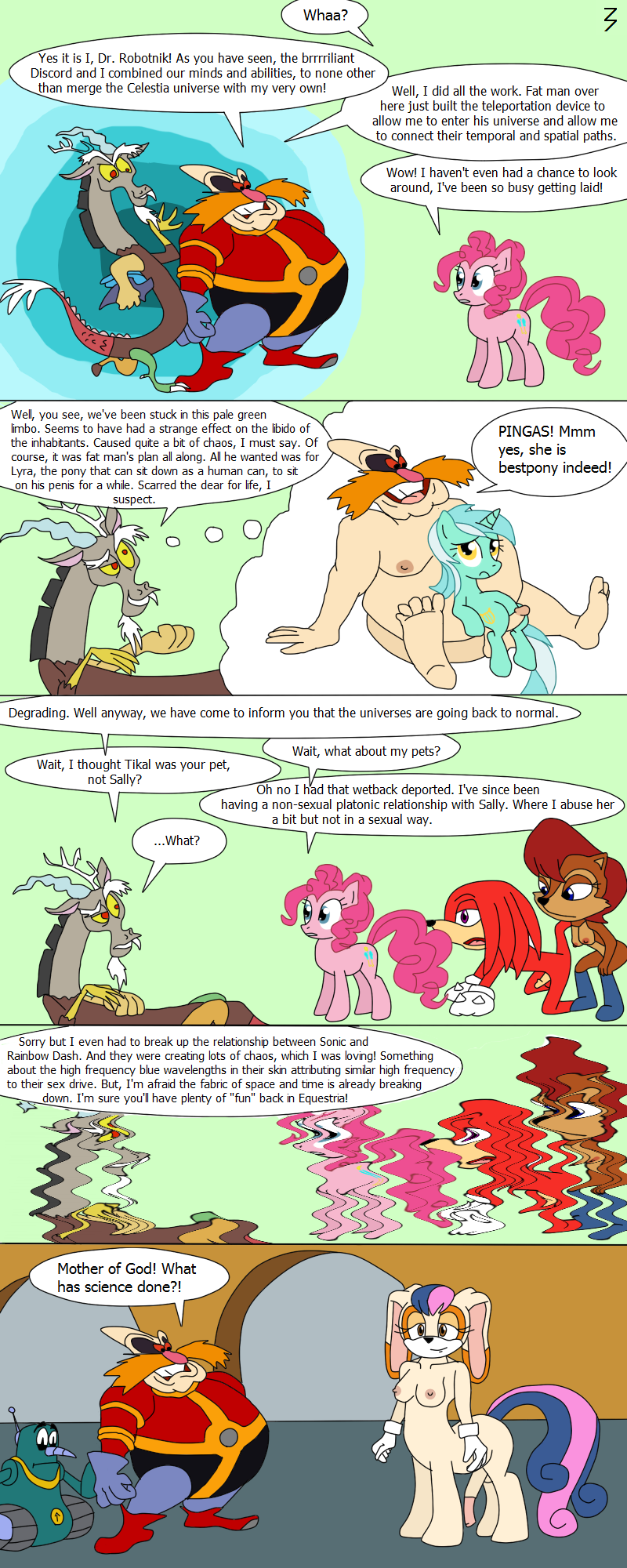 3pac comic crossover discord_(mlp) dr_robotnik friendship_is_magic grounder knuckles_the_echidna lyra_heartstrings_(mlp) my_little_pony pinkie_pie_(mlp) sally_acorn smooth_skin sonic_(series) what