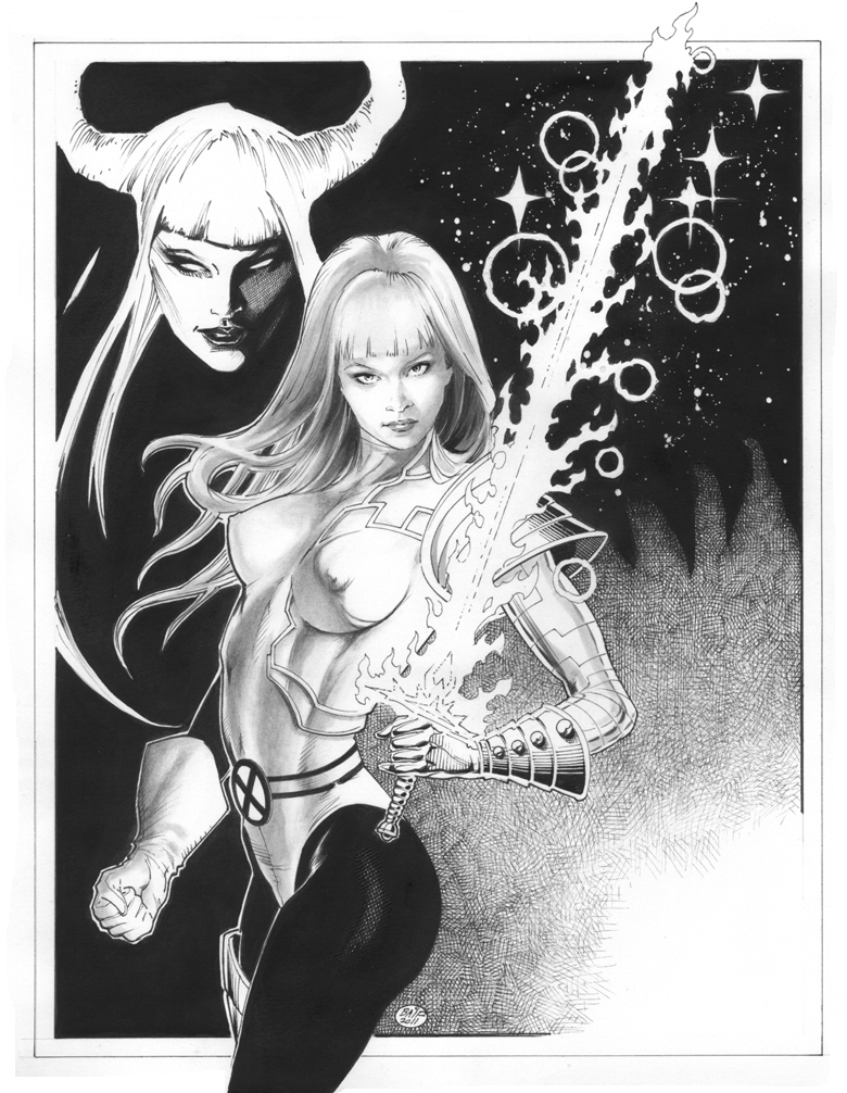 2011 big_ass horns long_hair magik_(illyana_rasputin) marvel medium_breasts michael_bair monochrome new_mutants nipples_visible_through_clothing sword wide_hips x-men